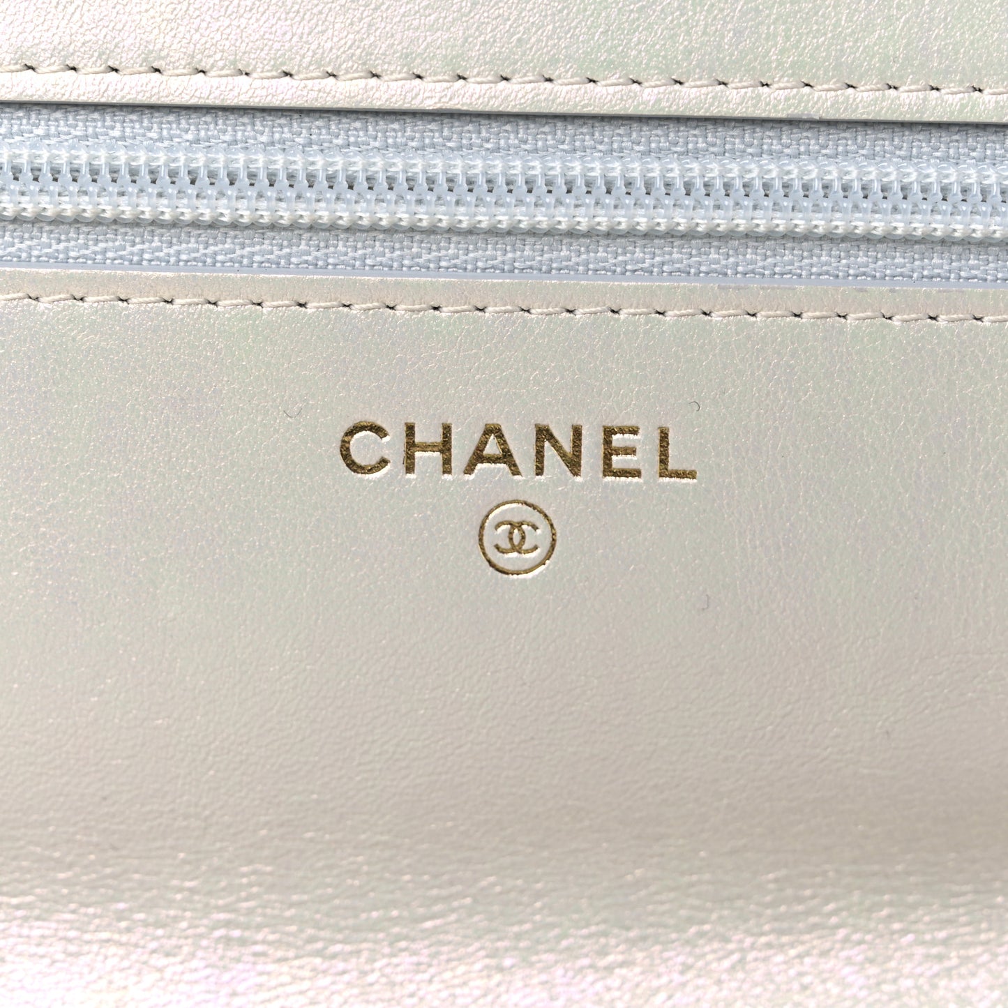 Iridescent Calfskin Quilted Chanel 19 Wallet On Chain WOC White