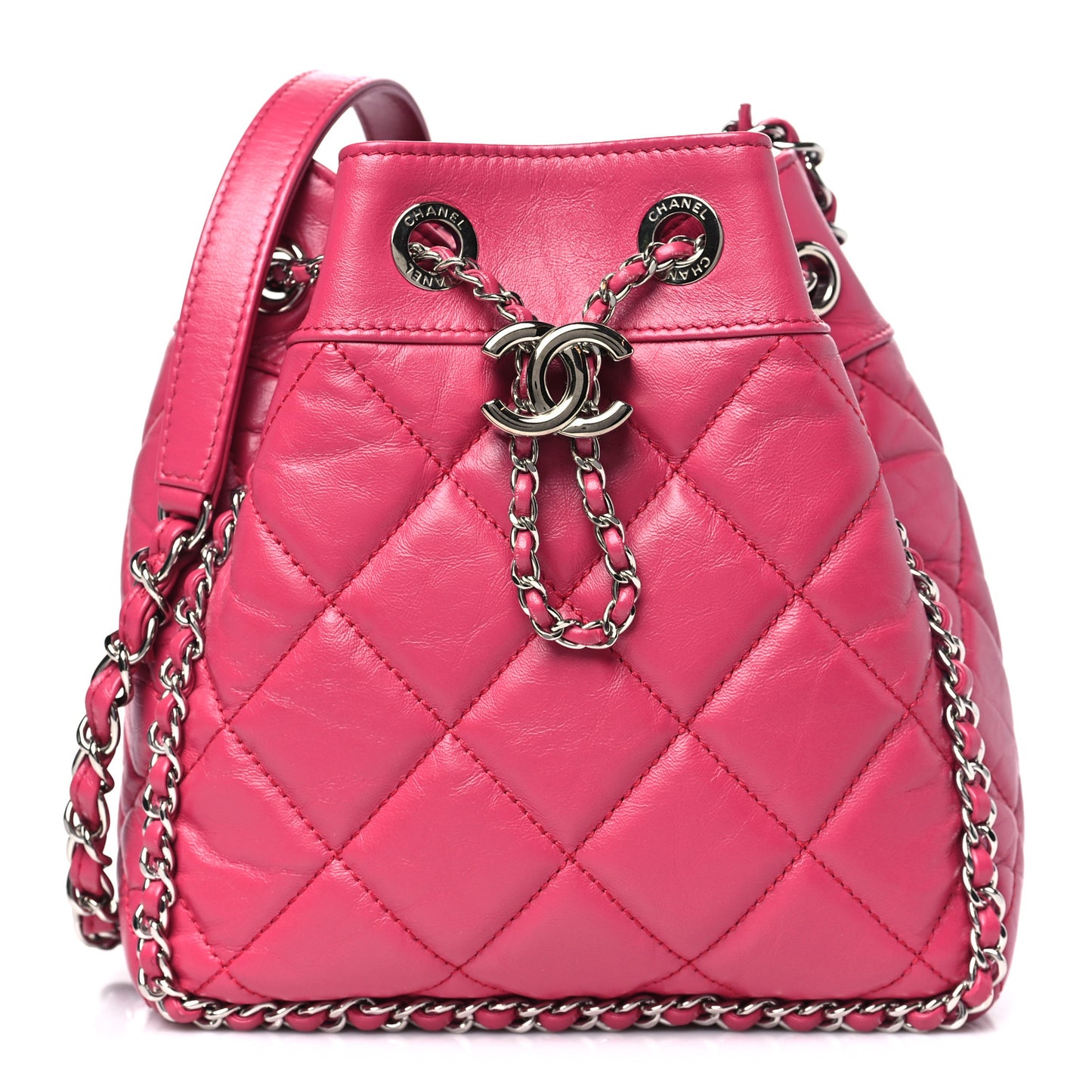 Crumpled Calfskin Quilted Chain All Over Drawstring Bucket Bag Pink