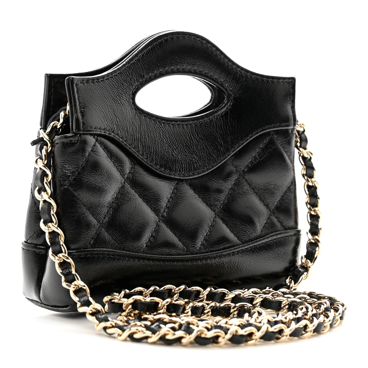 Shiny Lambskin Quilted Micro 31 Clutch With Chain Black