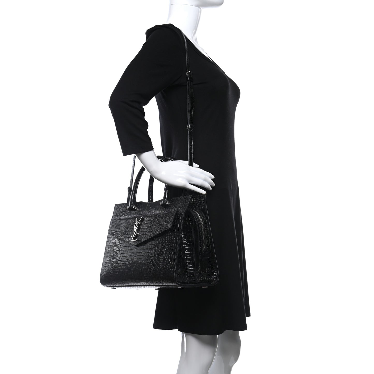 Croc Calfskin Embossed Medium Uptown Tote Black