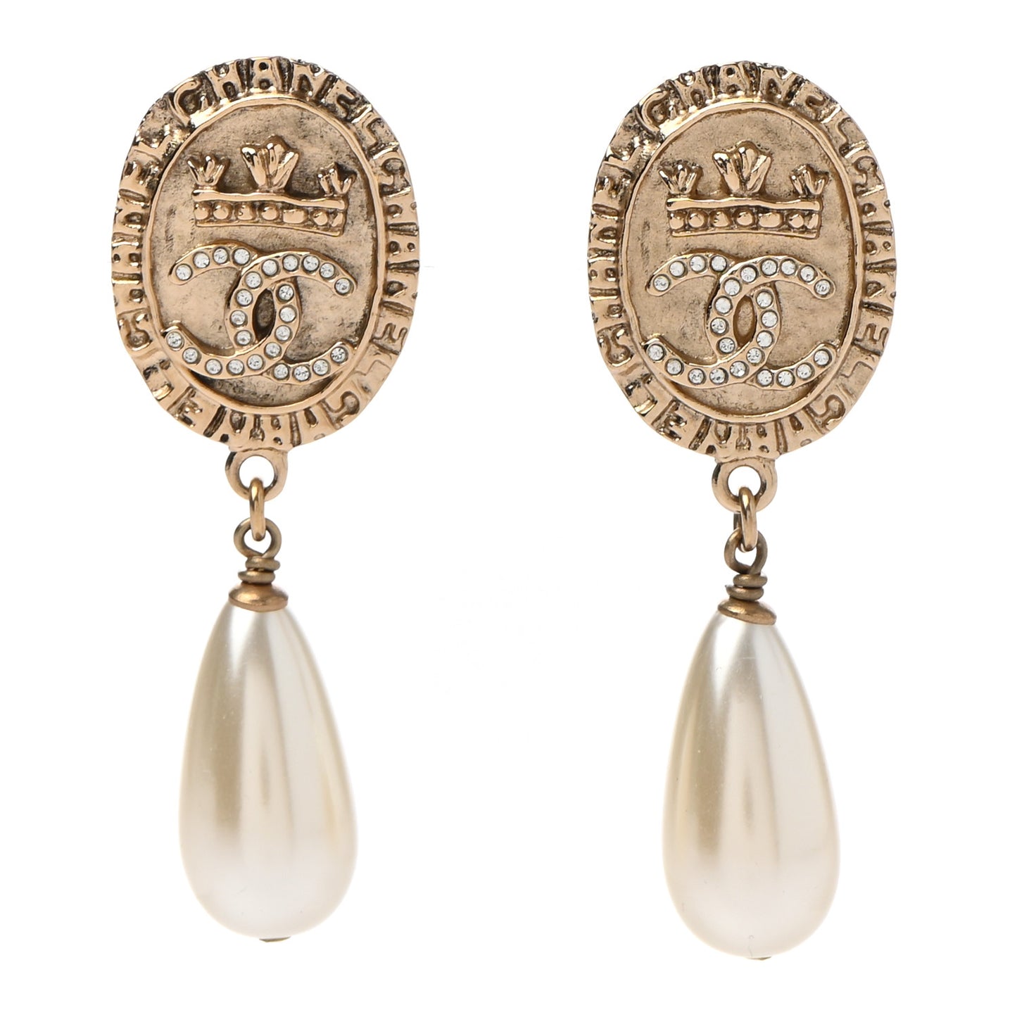 Crystal Pearl Crown CC Drop Earrings Gold