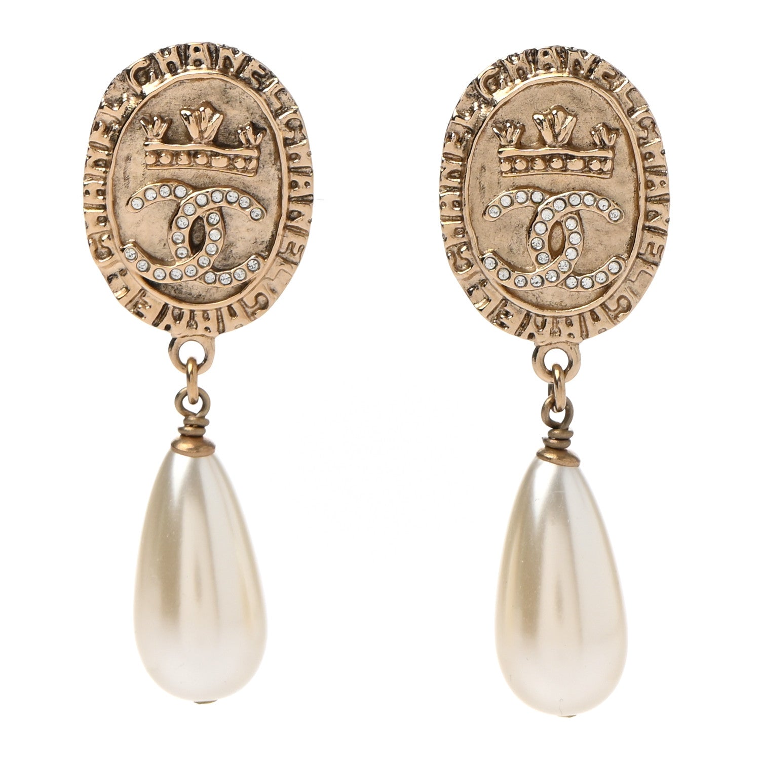 Chanel Crystal Pearl Crown CC Drop Earrings Gold 1 of 5