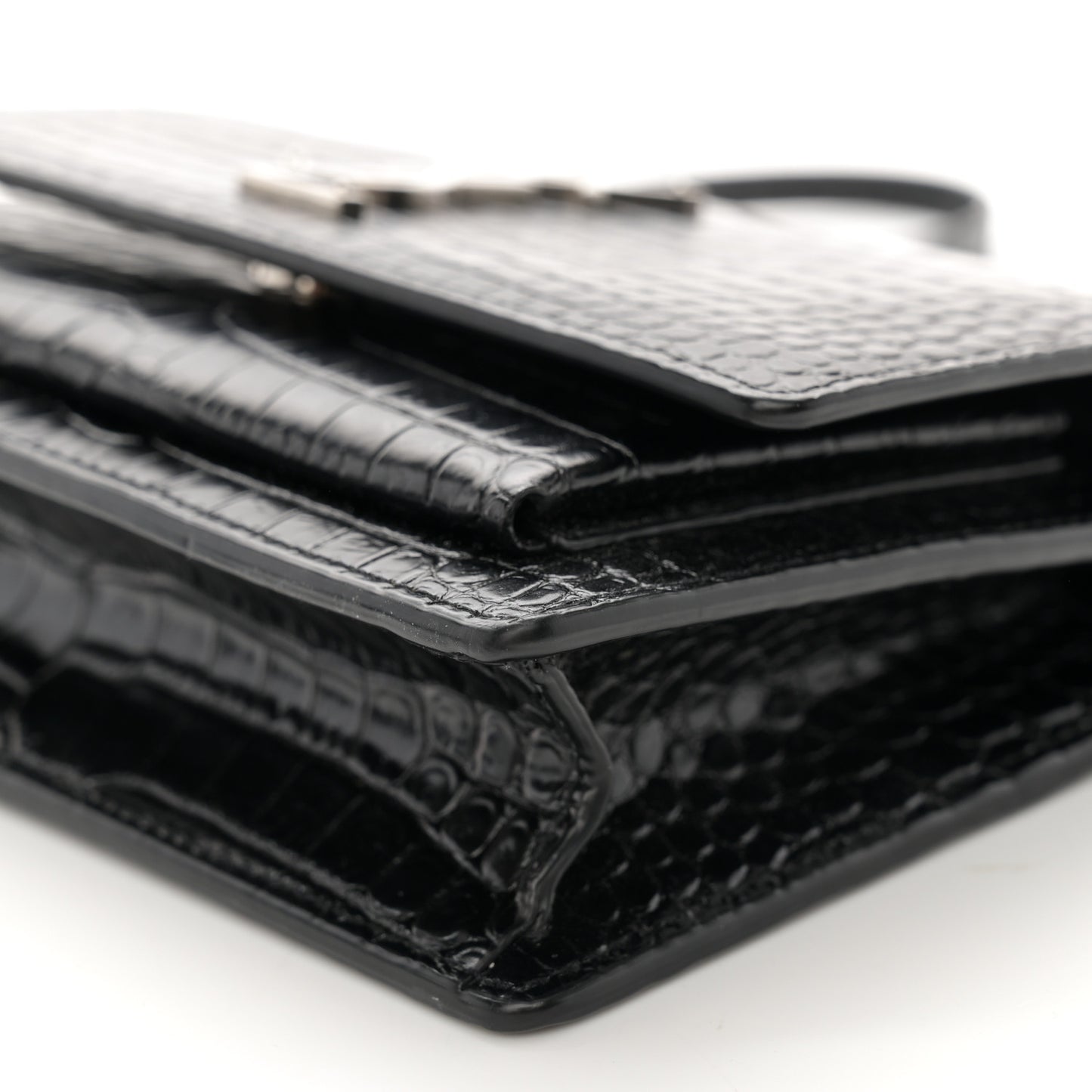 Calfskin Crocodile Embossed Monogram Sunset Chain Wallet Black