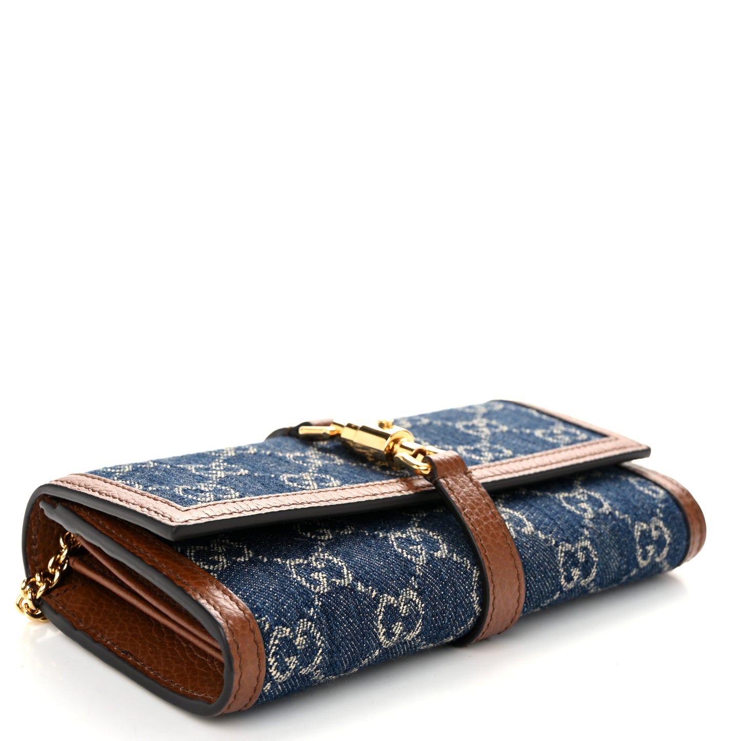 New Denim GG Monogram Jackie 1961 Chain Wallet Blue Tea Cuir
