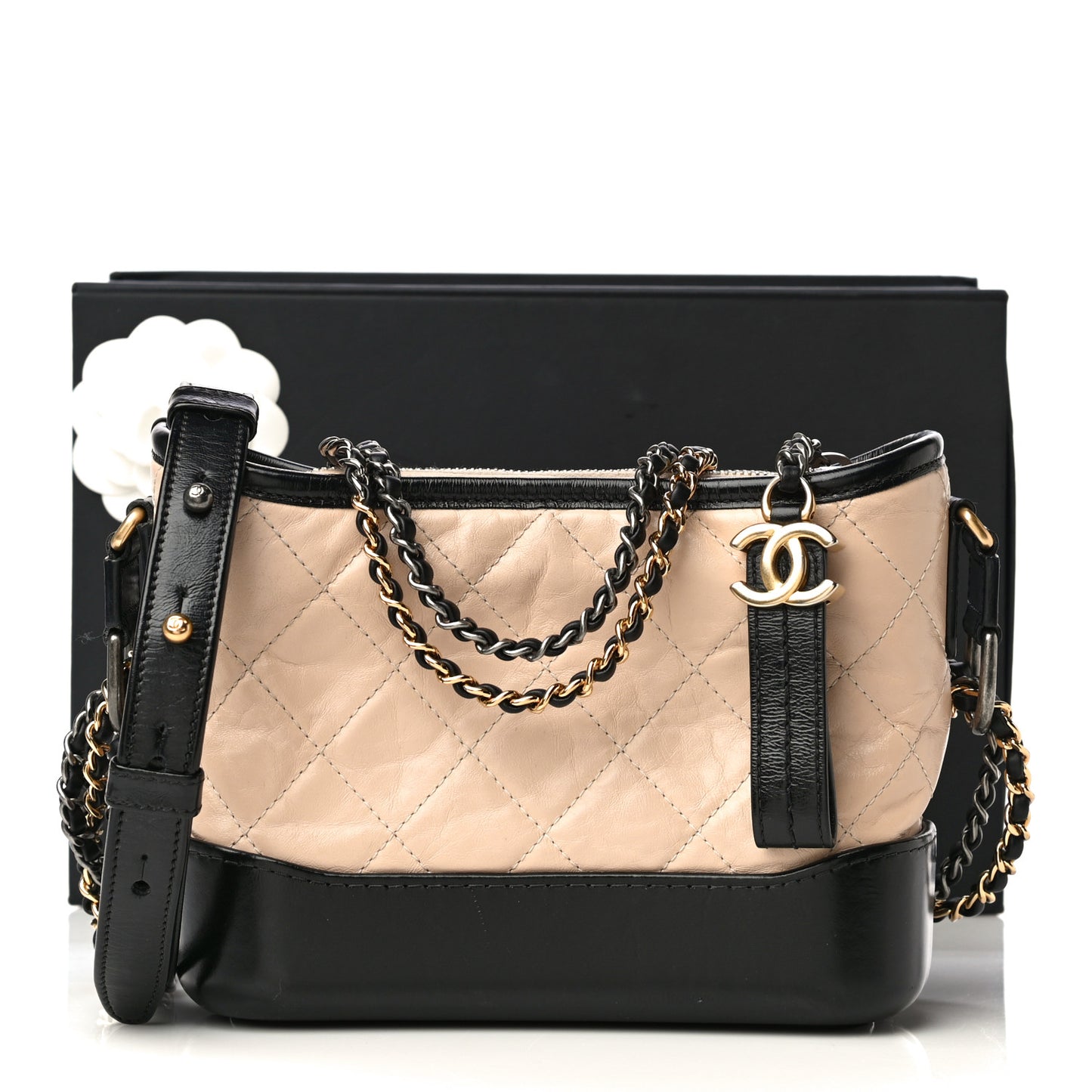 Aged Calfskin Quilted Small Gabrielle Hobo Beige Black