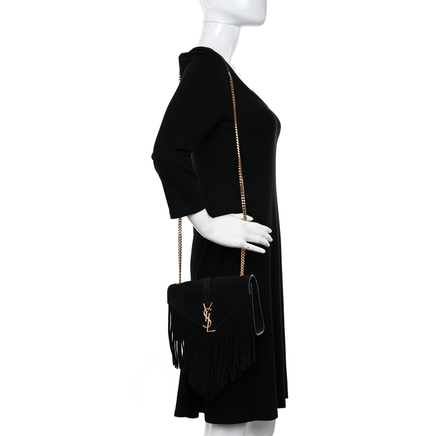 Suede Fringe Small Monogram Satchel Black