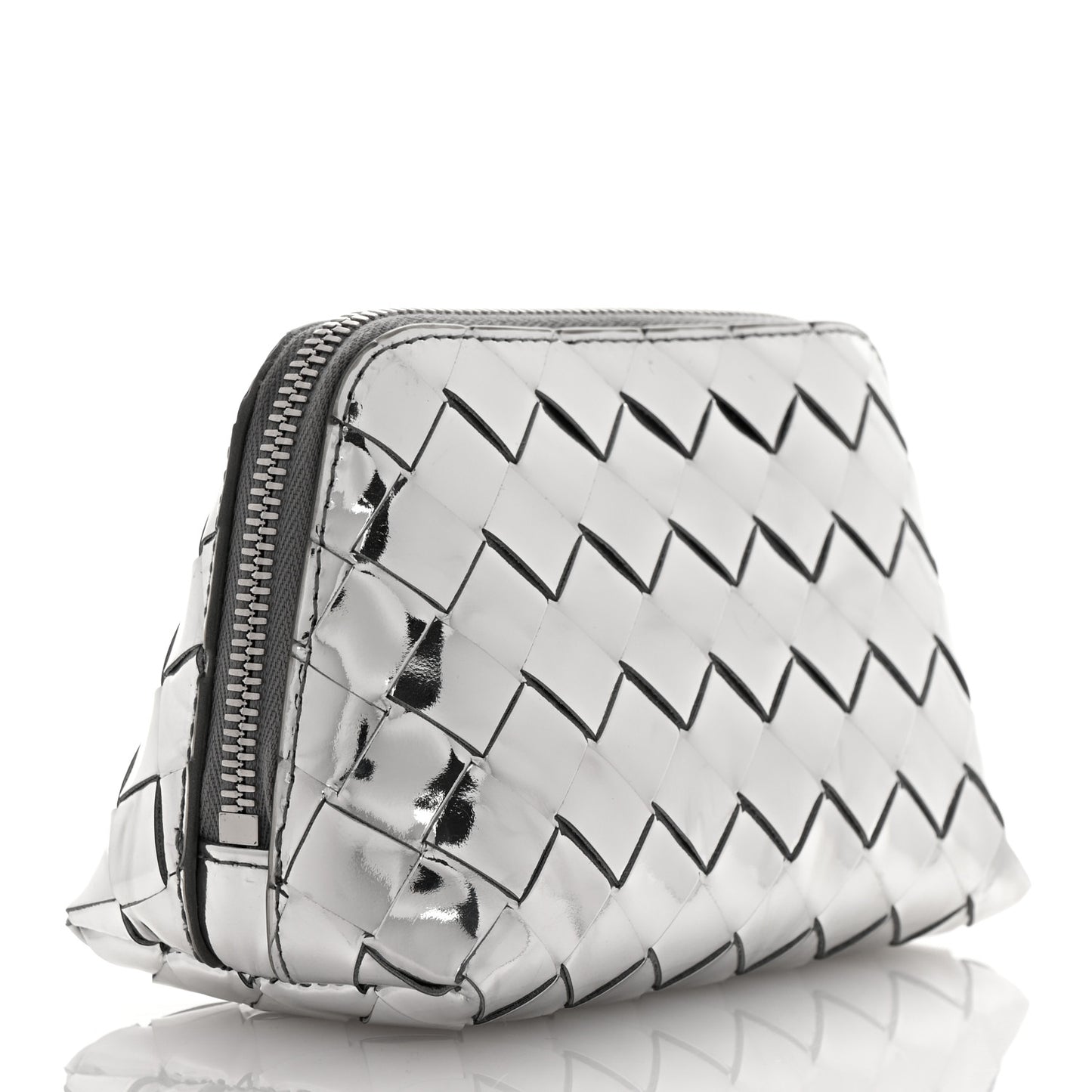 Mirror Laminated Nappa Intrecciato Beauty Pouch Silver