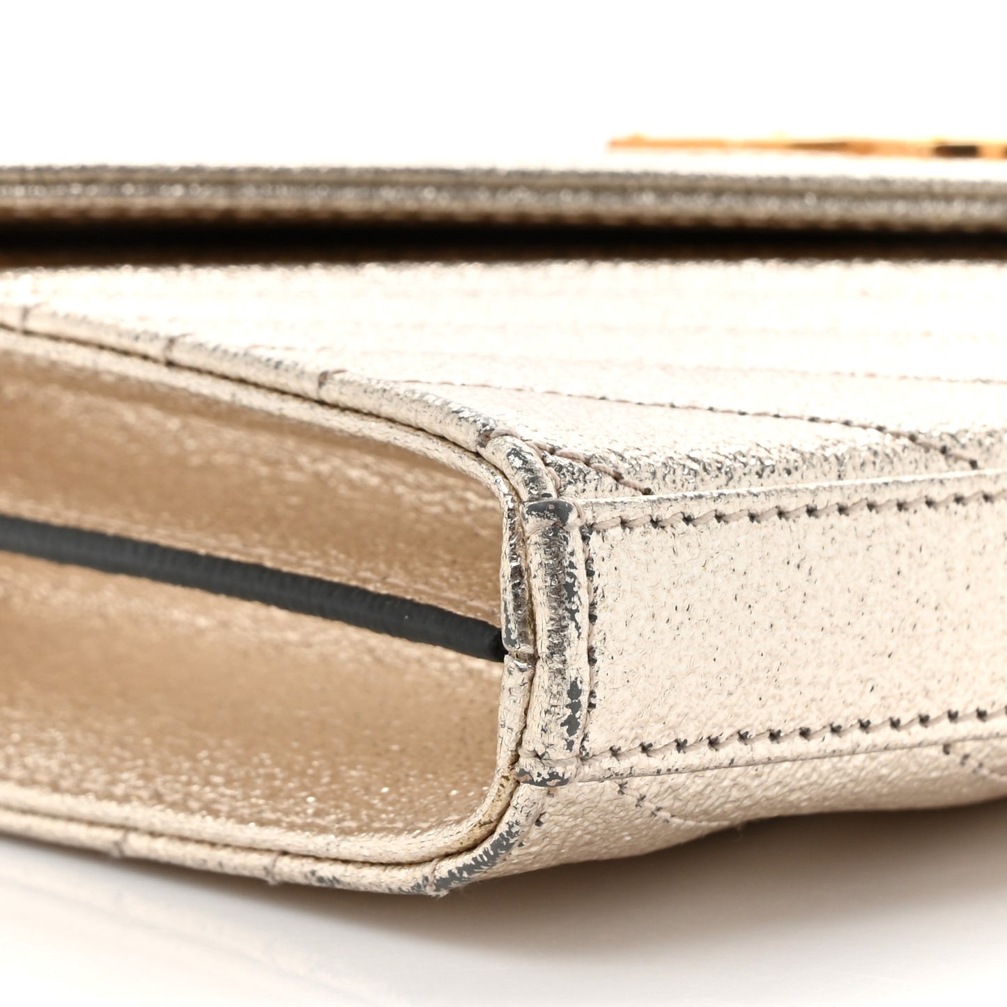 Metallic Crackled Calfskin Matelasse Chevron Monogram Chain Wallet Gold