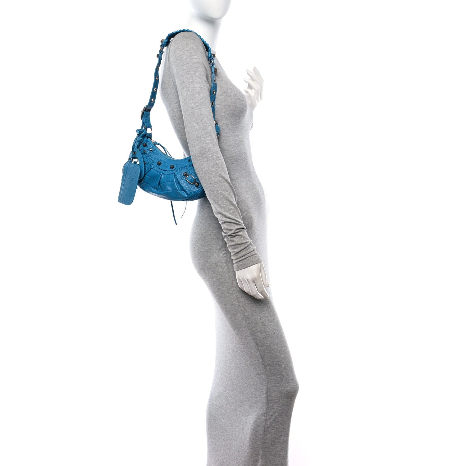 Balenciaga Extra Supple Calfskin Crocodile Embossed Le Cagole Shoulder Bag XS Cyan 3 of 12