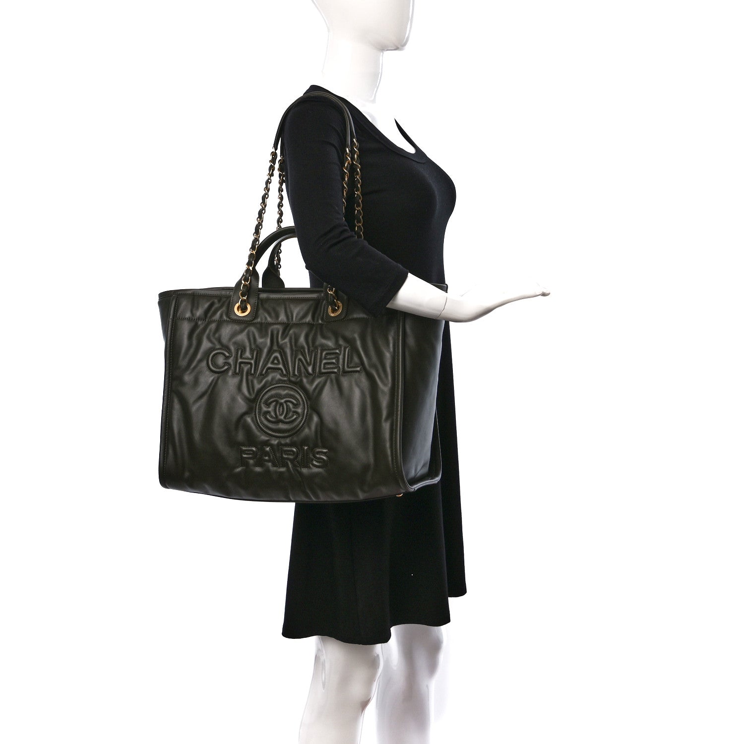 Chanel Calfskin Embossed Medium Deauville Tote Khaki 2 of 12