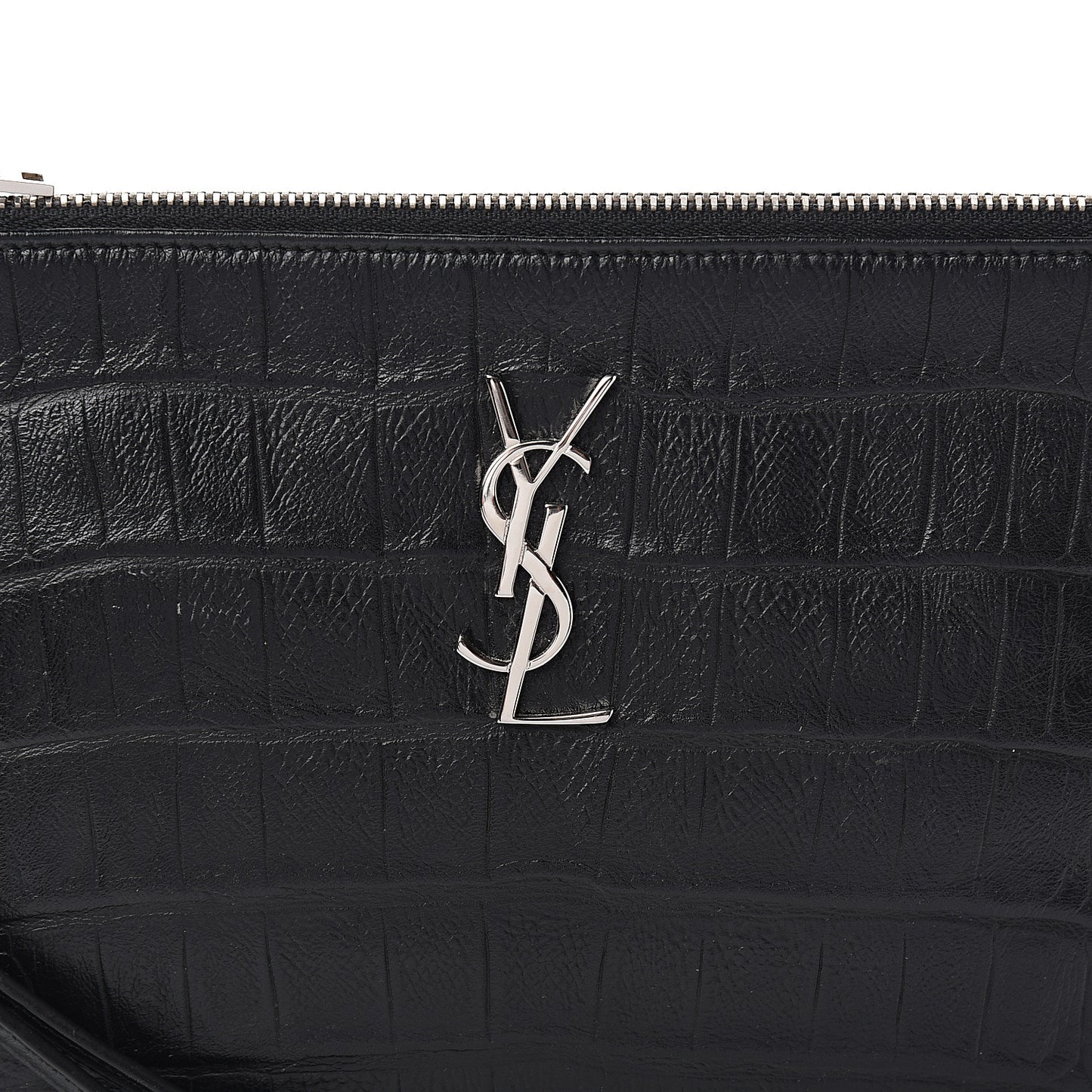 Calfskin Crocodile Embossed Monogram Zip Pouch Black