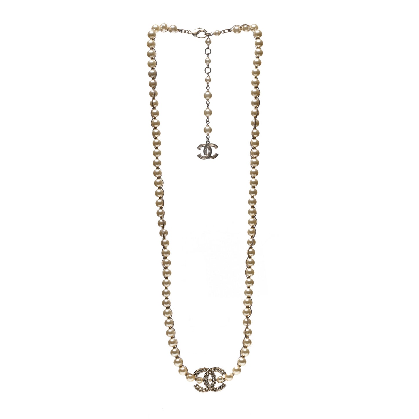 Metal Pearl Chain CC Long Necklace Gold