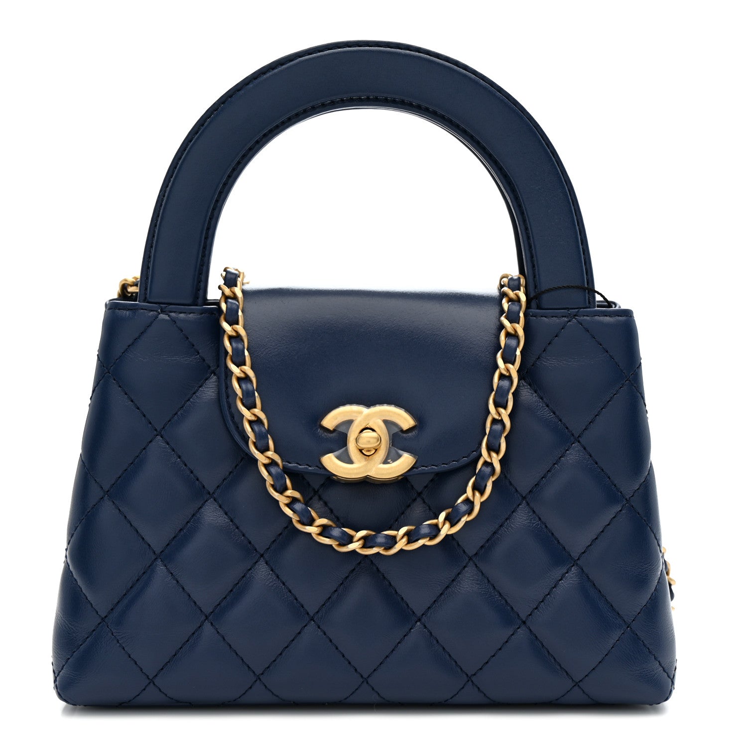 CHANEL ネイビー キルティング バッグ Chanel Shiny Aged Calfskin Quilted Nano Kelly Shopper Dark Blue