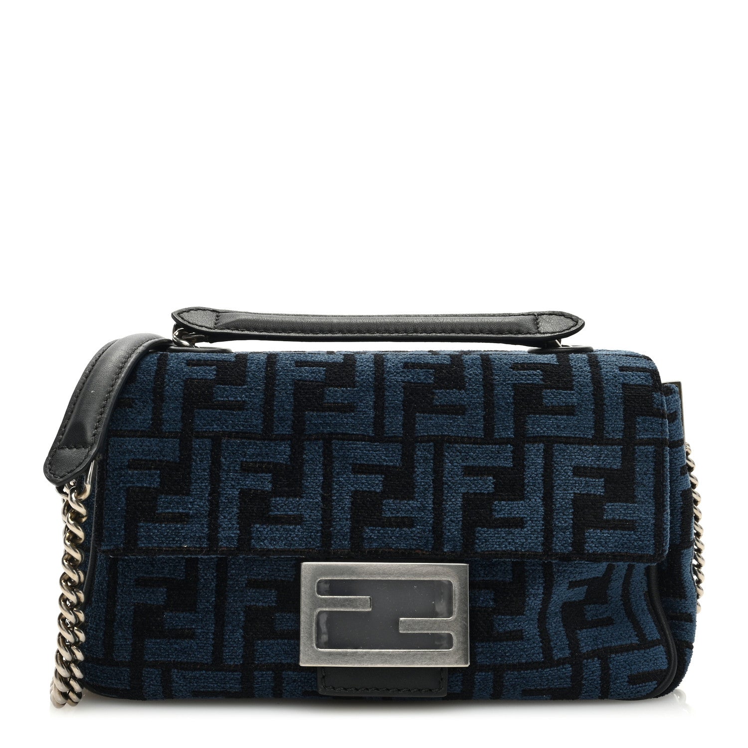 Fendi Chenille Vitello Seta FF Midi Chain Baguette Blue Black