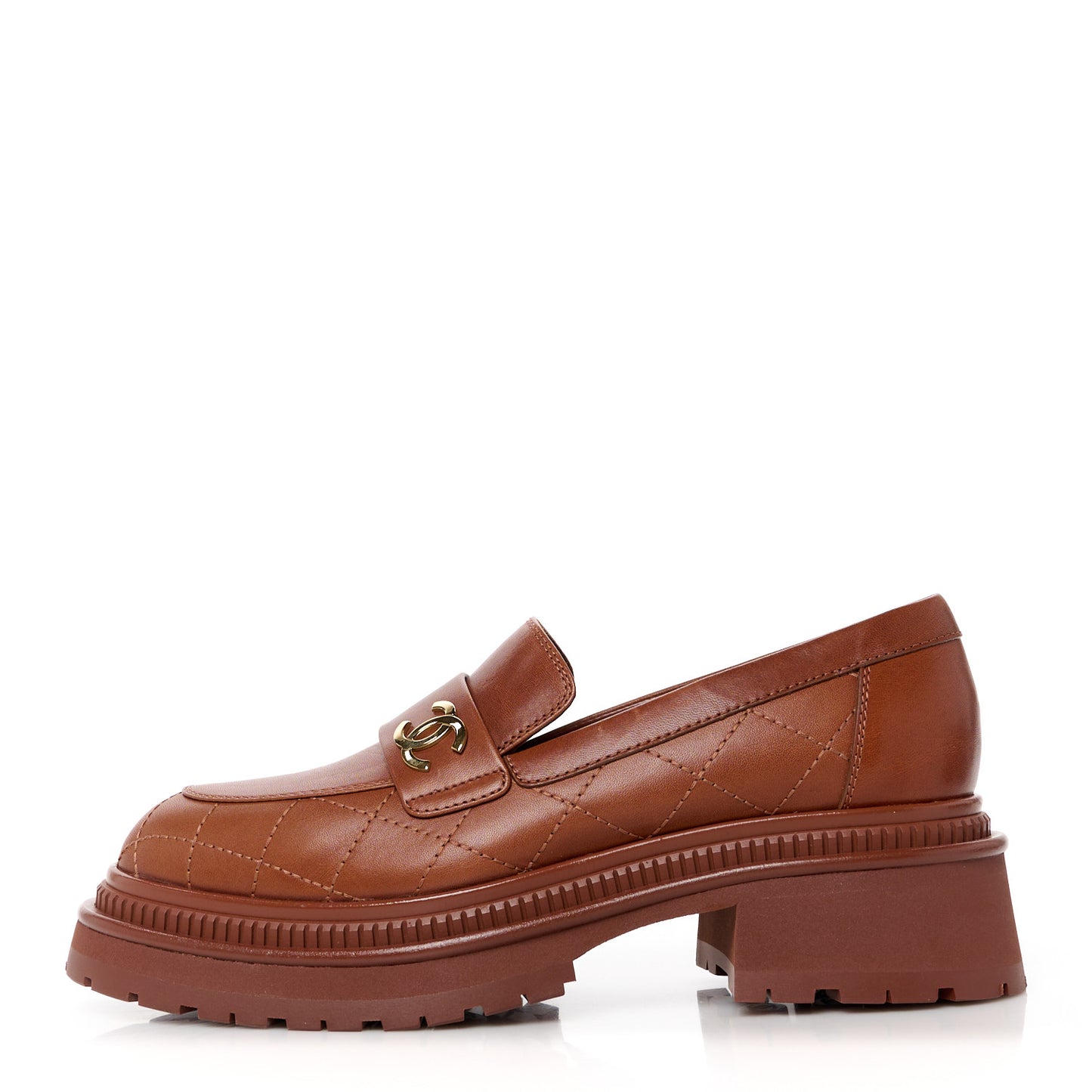 Calfskin Quilted CC Mocassin Loafers 36.5 Light Brown