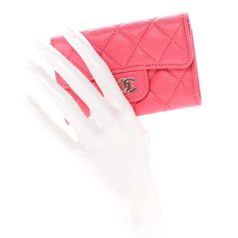 Caviar Quilted Flap Card Holder Wallet Pink