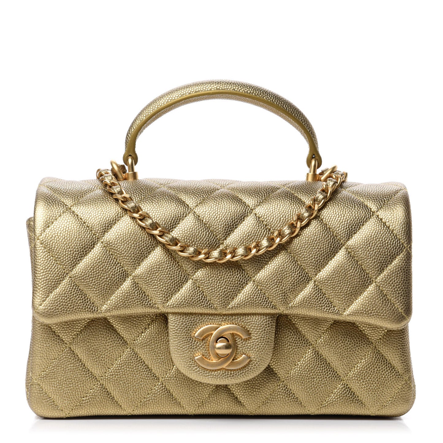 Metallic Caviar Quilted Mini Top Handle Rectangular Flap Gold