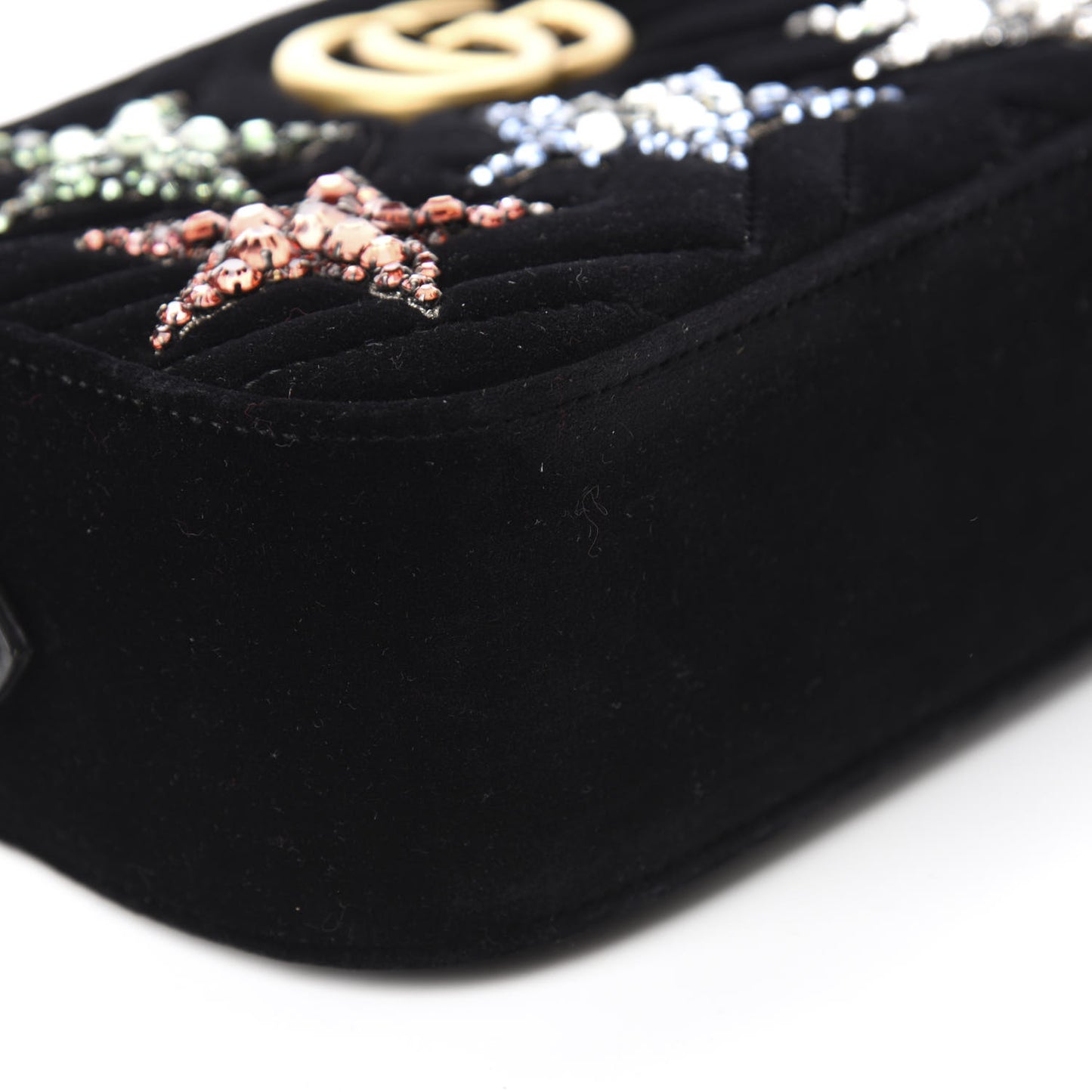 Velvet Matelasse Crystal Star Embroidered Small GG Marmont Chain Shoulder Bag Black