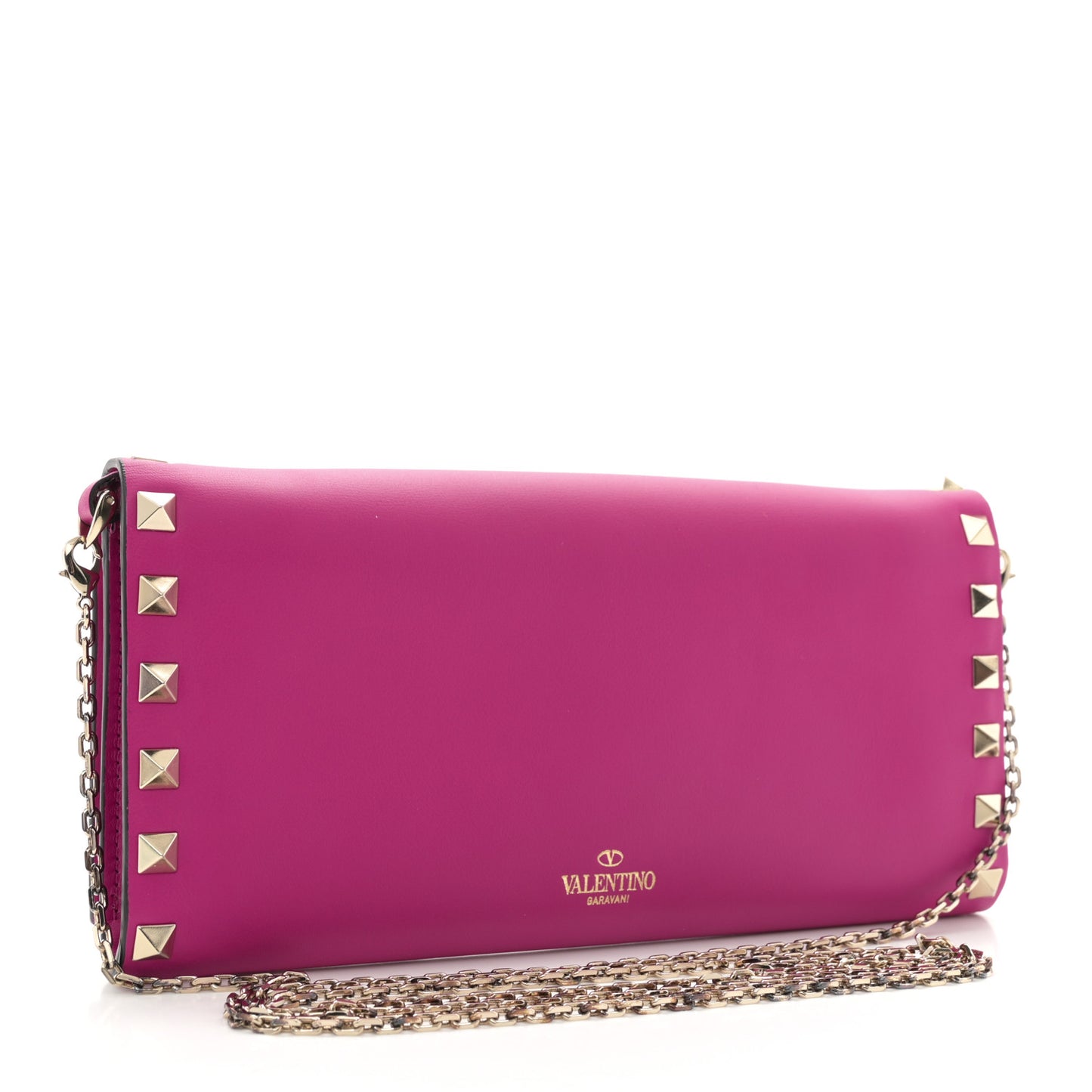 Calfskin Rockstud Flap Wallet On Chain Fuxia