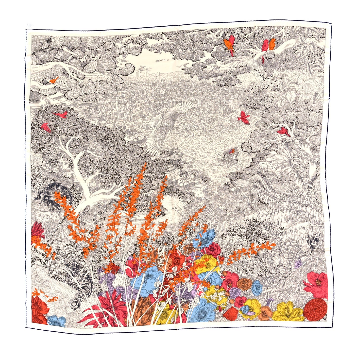 Cashmere Silk Retour a la Nature Shawl 140 White Black Multicolor