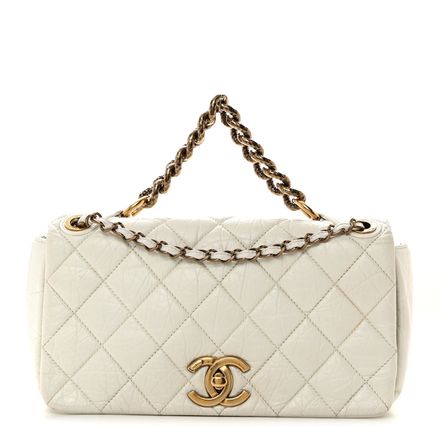 Aged Calfskin Quilted Medium Pondichery Flap White