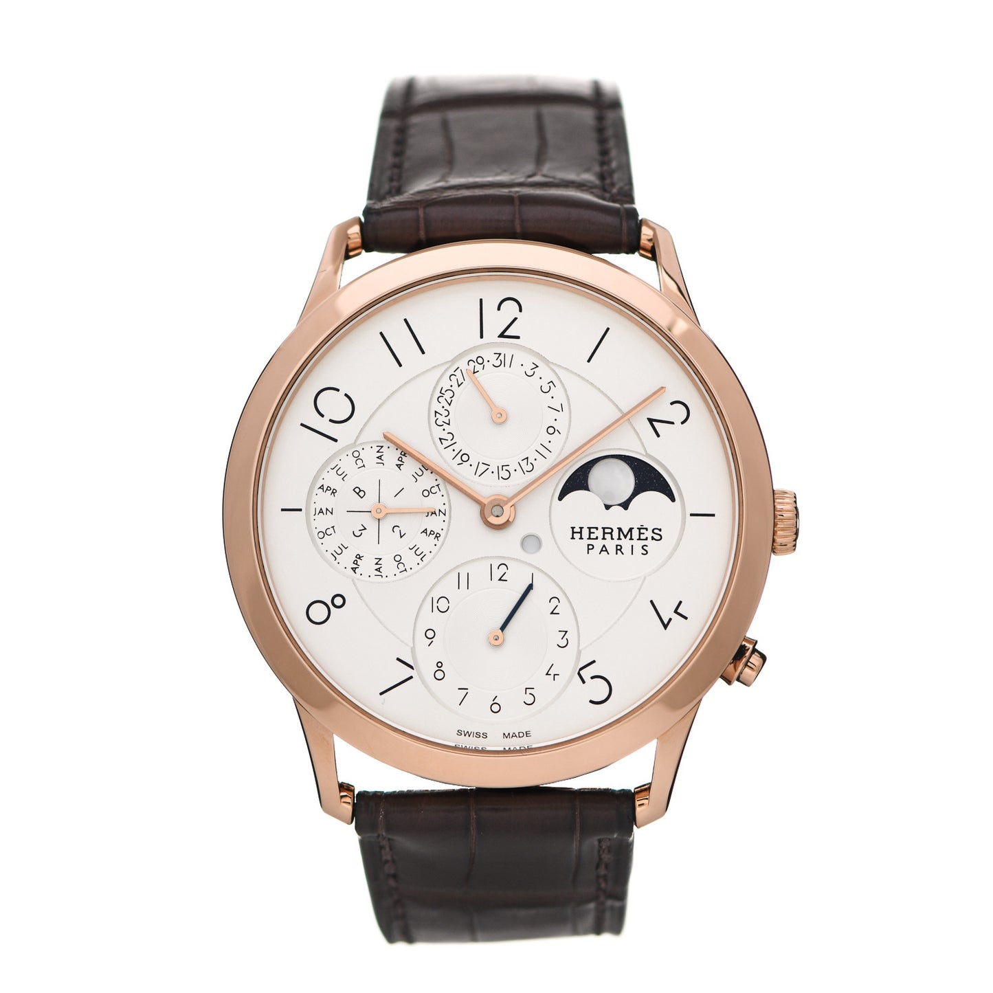 18K Rose Gold Alligator 39.5 Slim d'Hermes Quantieme Perpetuel Automatic Watch Havane