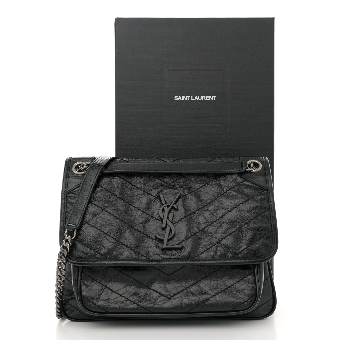 Crinkled Calfskin Matelasse Monogram Medium Niki Chain Satchel Black