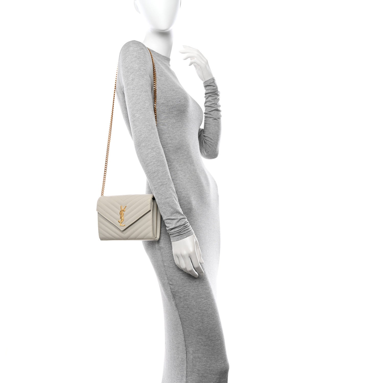 Saint Laurent Grain De Poudre Matelasse Chevron Monogram Chain Wallet Crema Soft 2 of 11