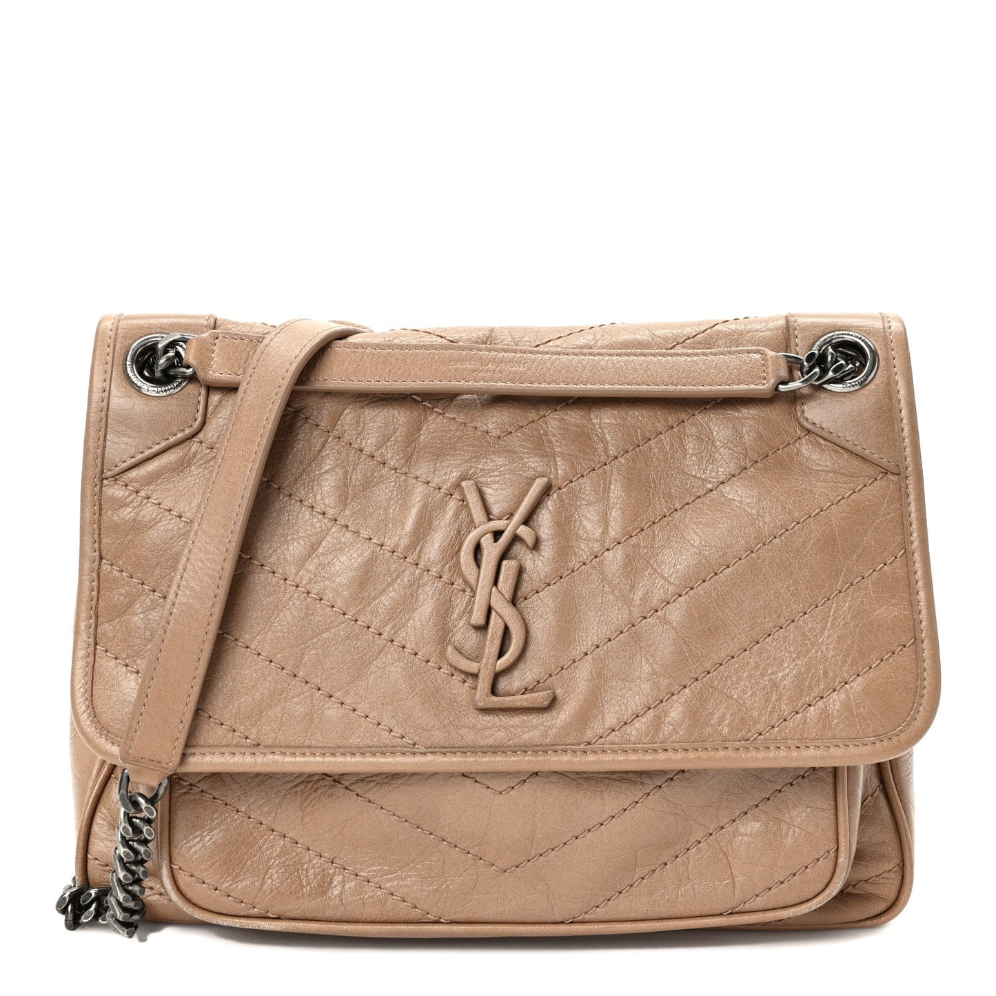 Crinkled Calfskin Matelasse Monogram Medium Niki Chain Satchel Dark Toffee