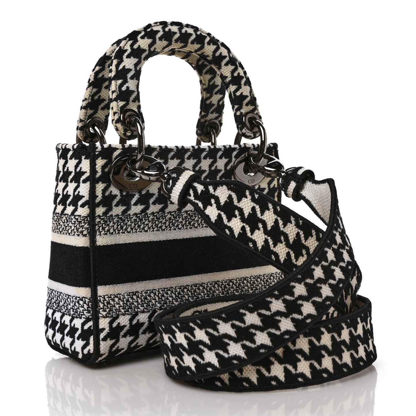 Canvas Houndstooth Embroidered Mini Lady D-Lite Black White