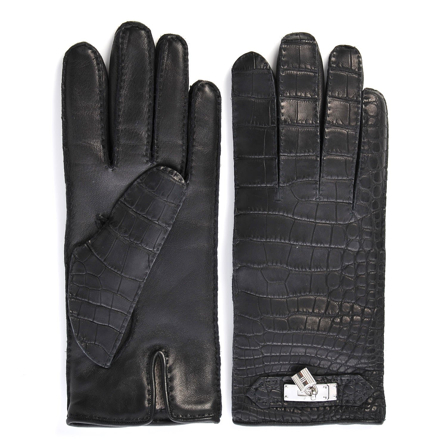 Hermes Matte Alligator Soya Kelly Lock Gloves 7 Black 286102