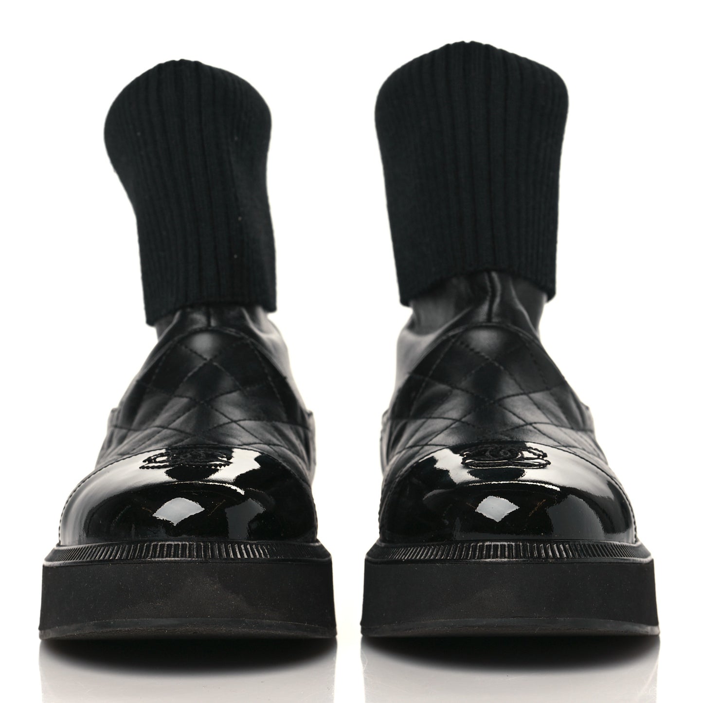 Calfskin Patent Knit Quilted CC Cap Toe Boots 38 Black