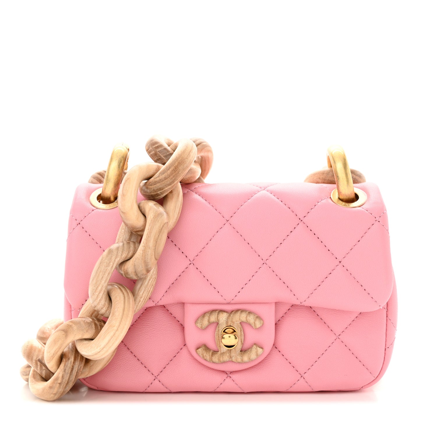 Lambskin Wenge Quilted Mini Fashion Wood Square Flap Pink