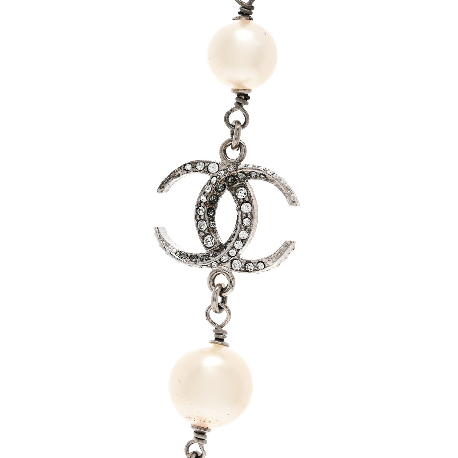 Chanel Pearl Crystal CC Beaded Ball Long Necklace Silver White 4 of 7