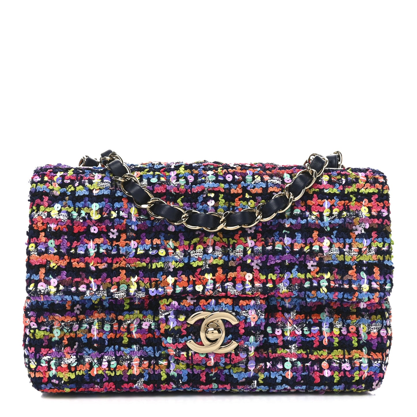 Tweed Quilted Mini Rectangular Flap Navy Blue Multicolor