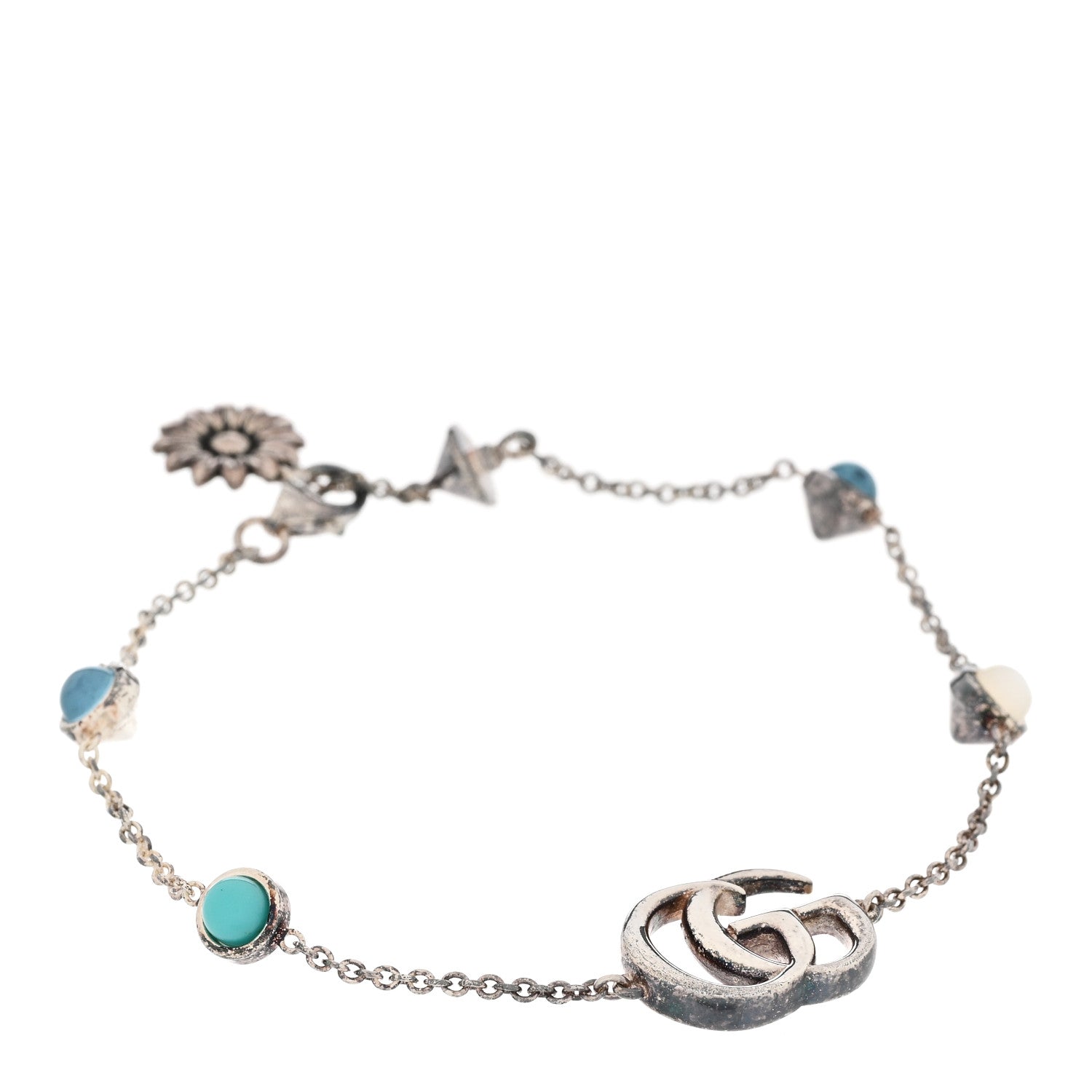 Gucci Sterling Silver Blue Topaz Mother of Pearl Resin Double G Flower Bracelet Turquoise 1 of 6