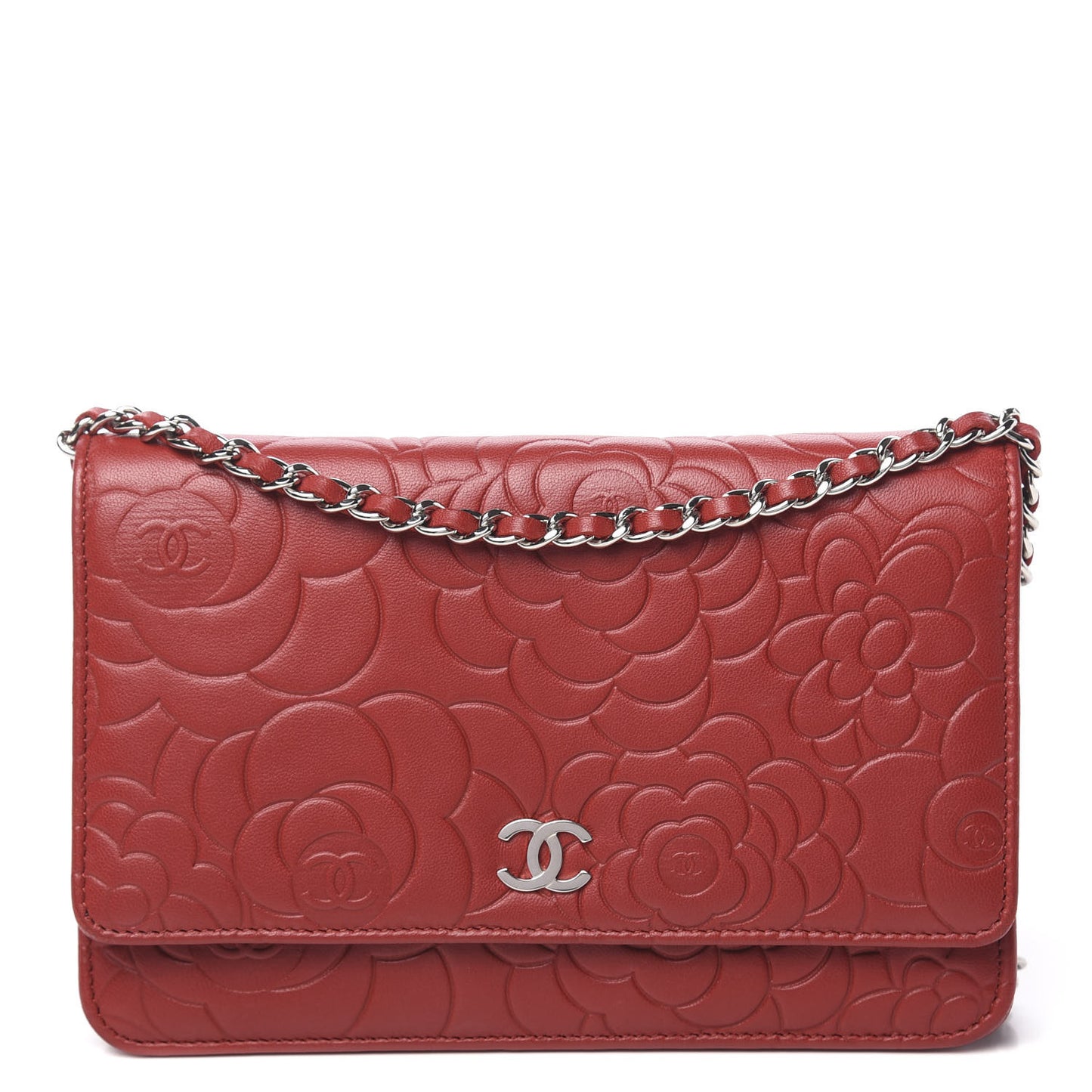 Lambskin Camellia Embossed Wallet On Chain WOC Red