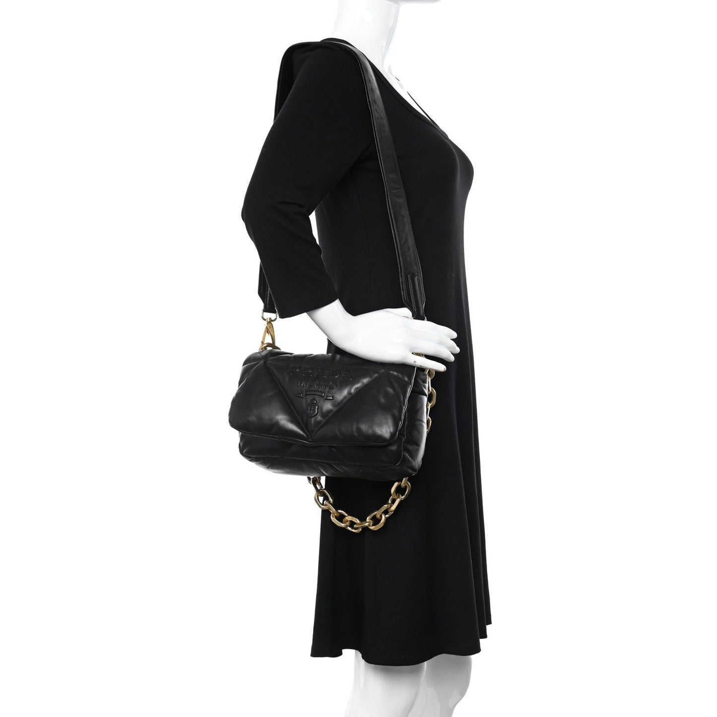 Nappa Soft Padded Logo Embossed Triangle Quilted Small Shoulder Bag Black