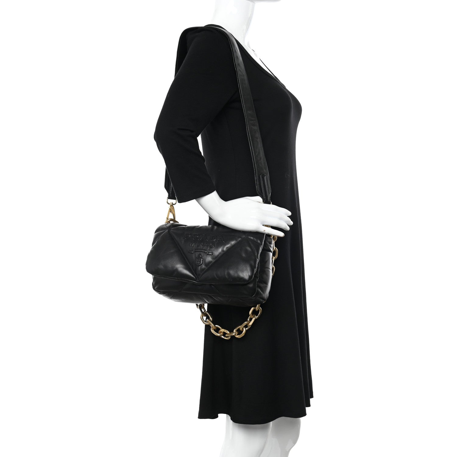 Prada Nappa Soft Padded Logo Embossed Triangle Quilted Small Shoulder Bag Black 2 of 10
