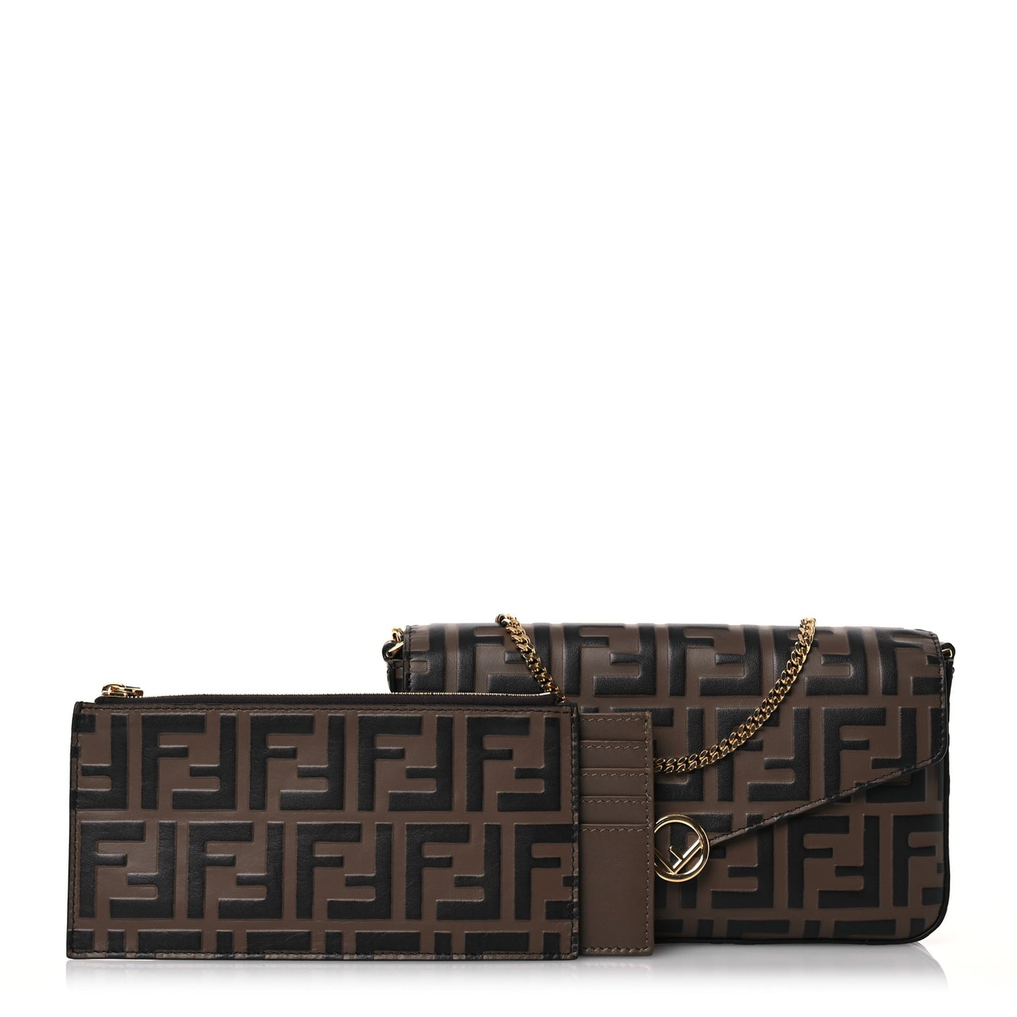 Vitello Soft F is Fendi Bi-Color FF 1974 Embossed Envelope Wallet On Chain with Pouches Maya Black