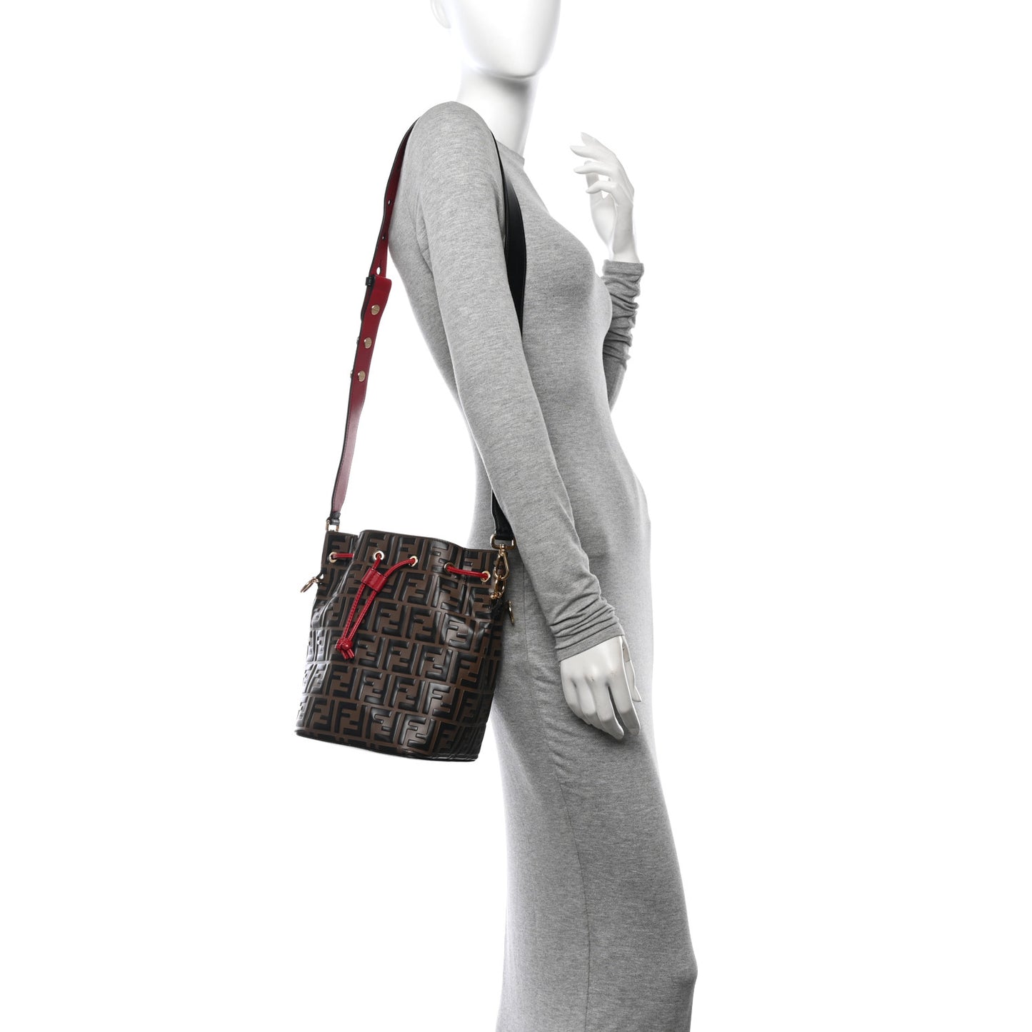 Vitello Grace F is Fendi Bi-Color FF 1974 Embossed Grande Mon Tresor Bucket Bag Maya Black Fragola