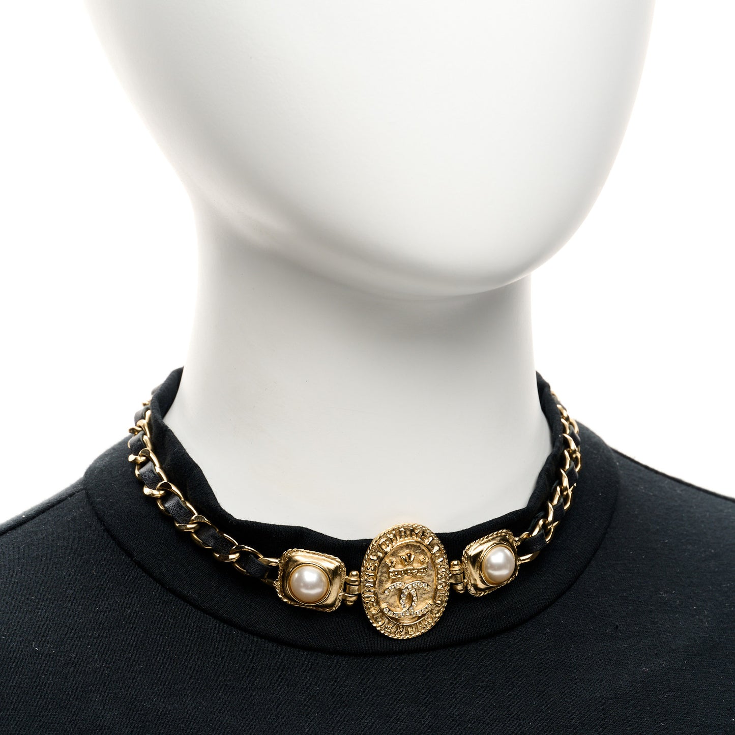 Lambskin Pearl CC Oval Shield Choker Necklace Gold Black
