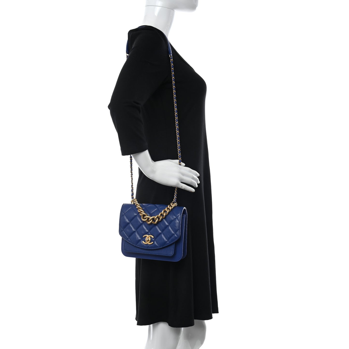 Calfskin Caviar Quilted Mini Chain Handle Flap Blue