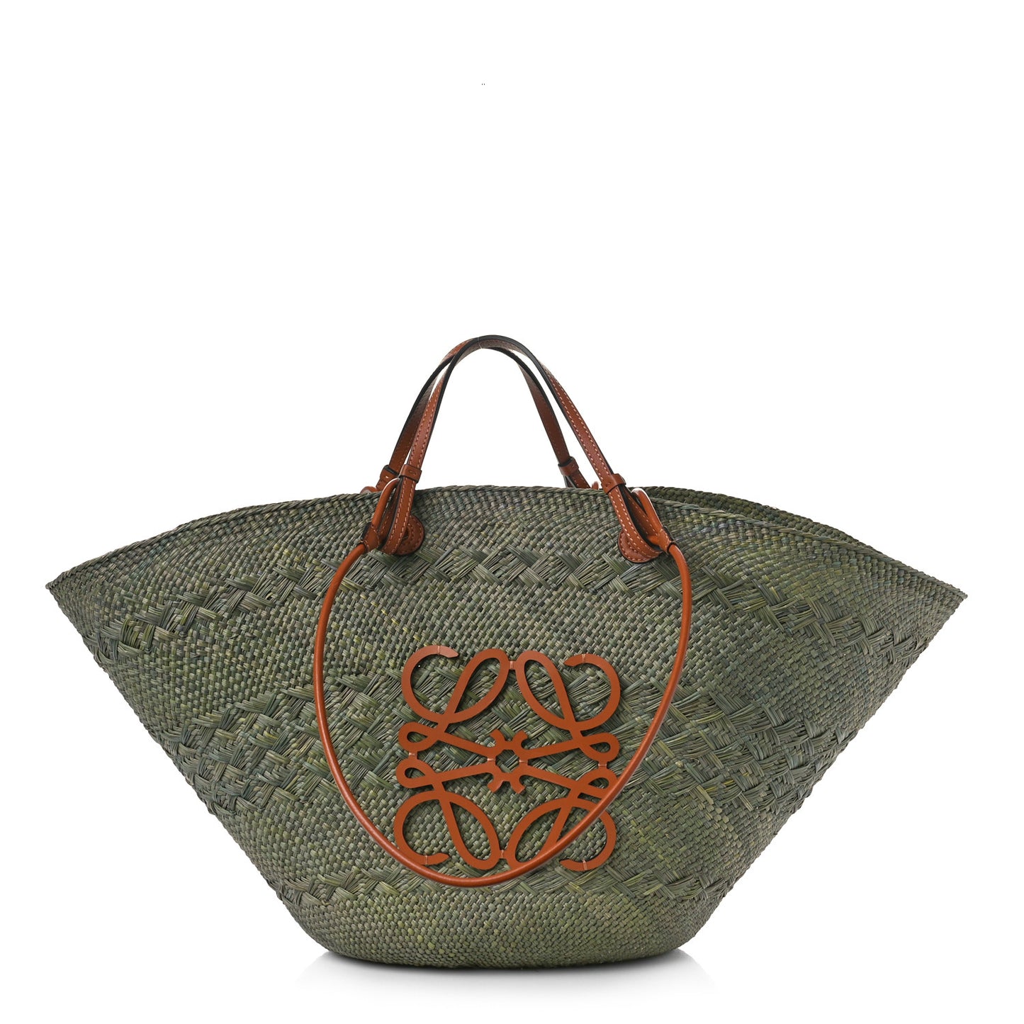 Calfskin Raffia Paulas Ibiza Large Anagram Basket Tote Bag Green Tan