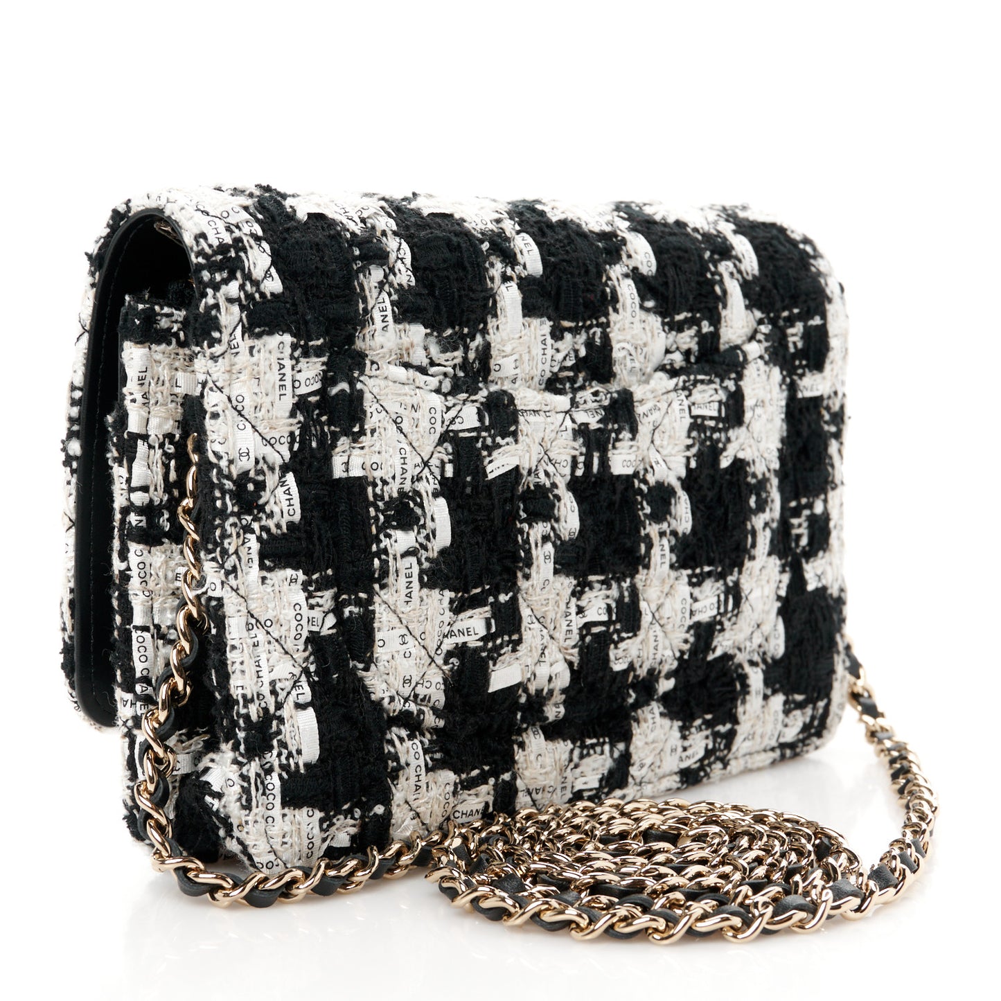 Tweed Quilted Wallet On Chain WOC Black Ecru White