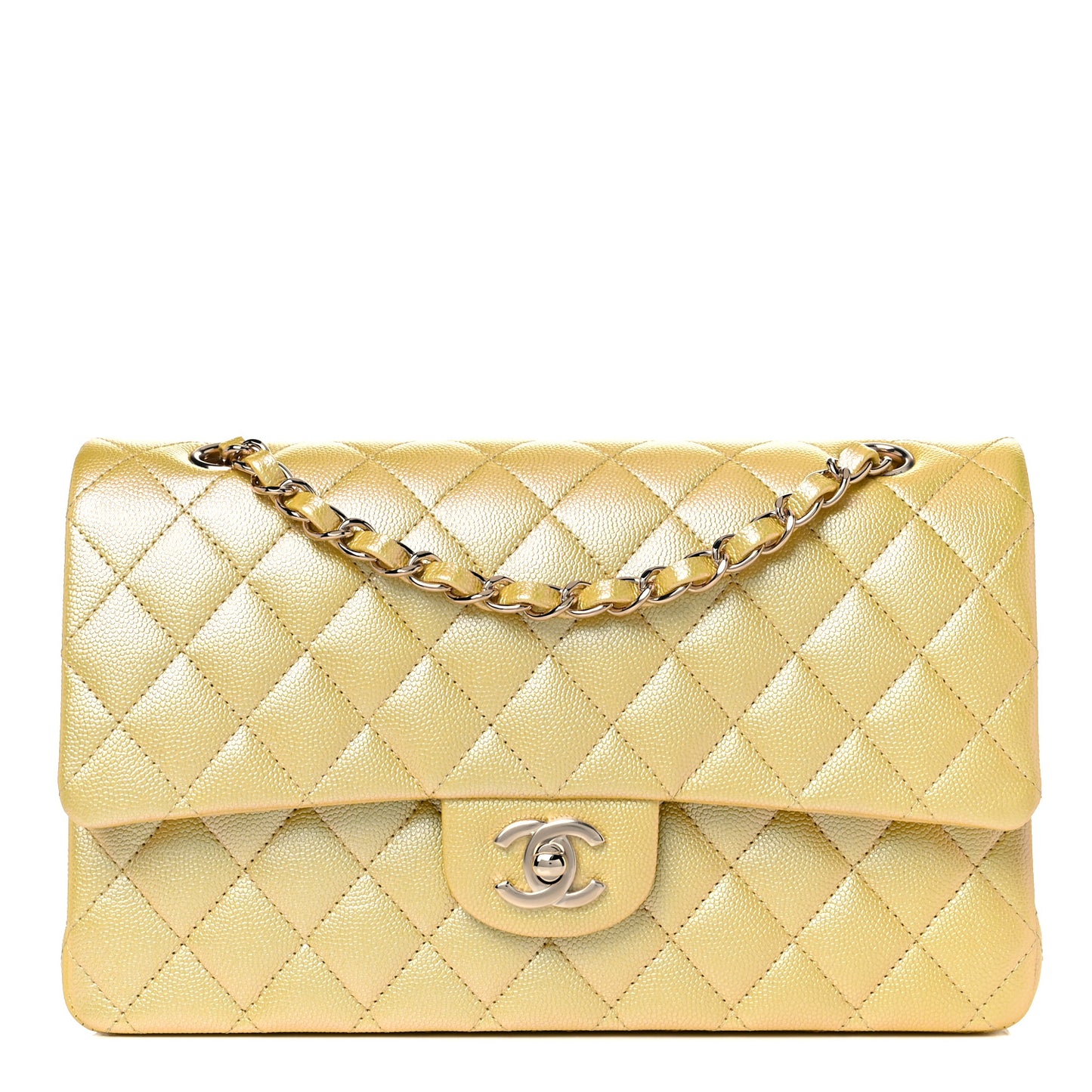 Iridescent Caviar Quilted Medium Double Flap Yellow