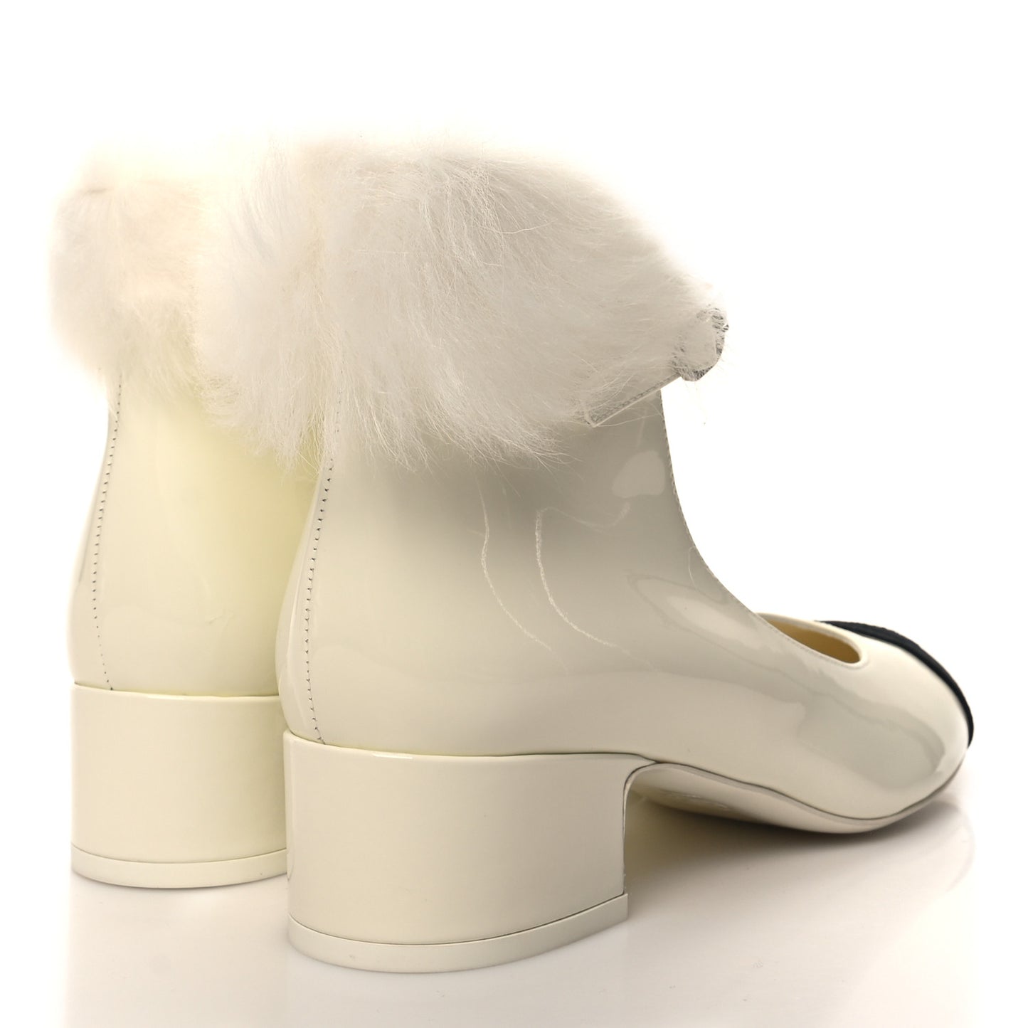 Patent Shearling Lambskin Grosgrain Cap Toe Mary Jane Low Heel Pumps 38.5 White Black