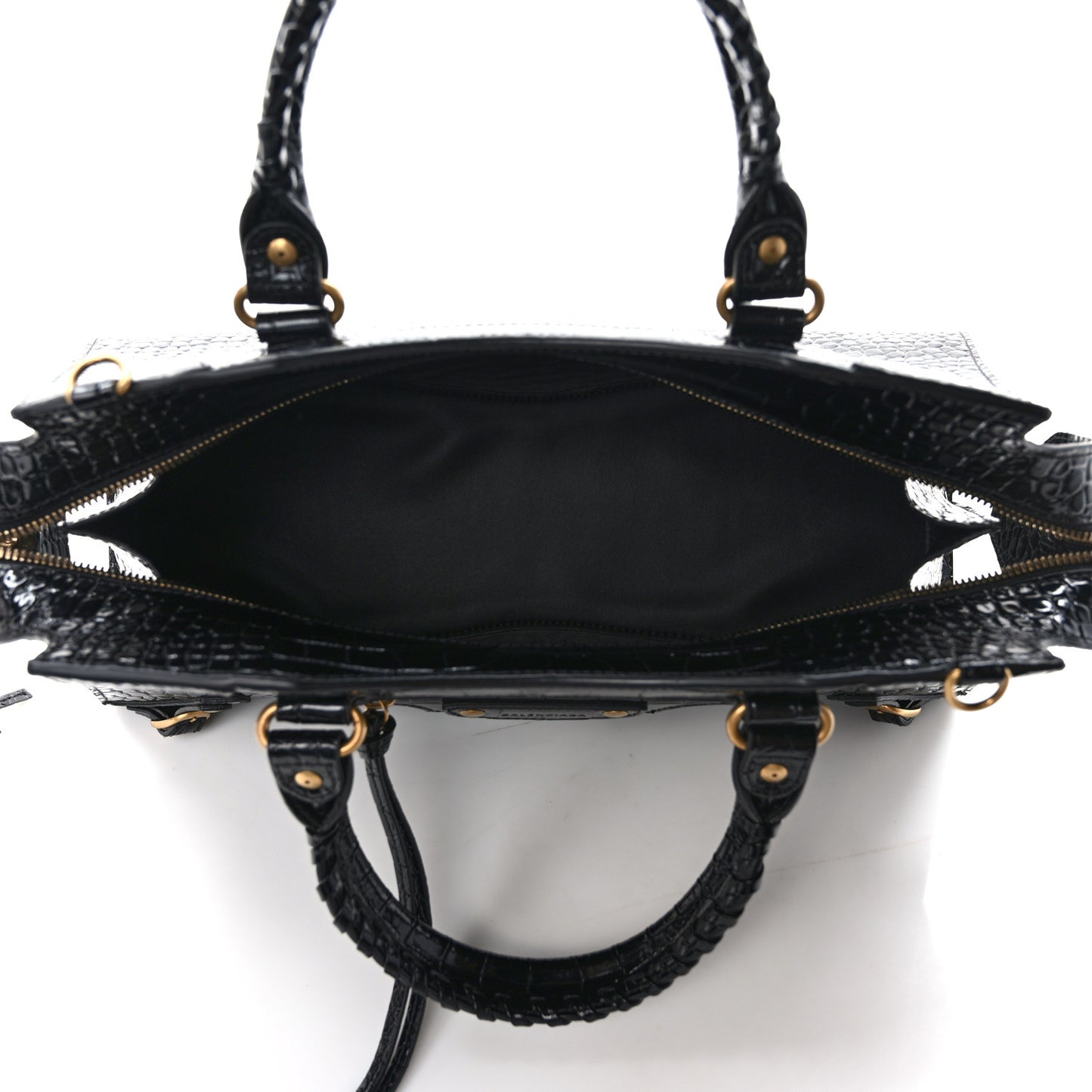 Shiny Supple Calfskin Crocodile Embossed Brass Hardware Neo Classic City Black