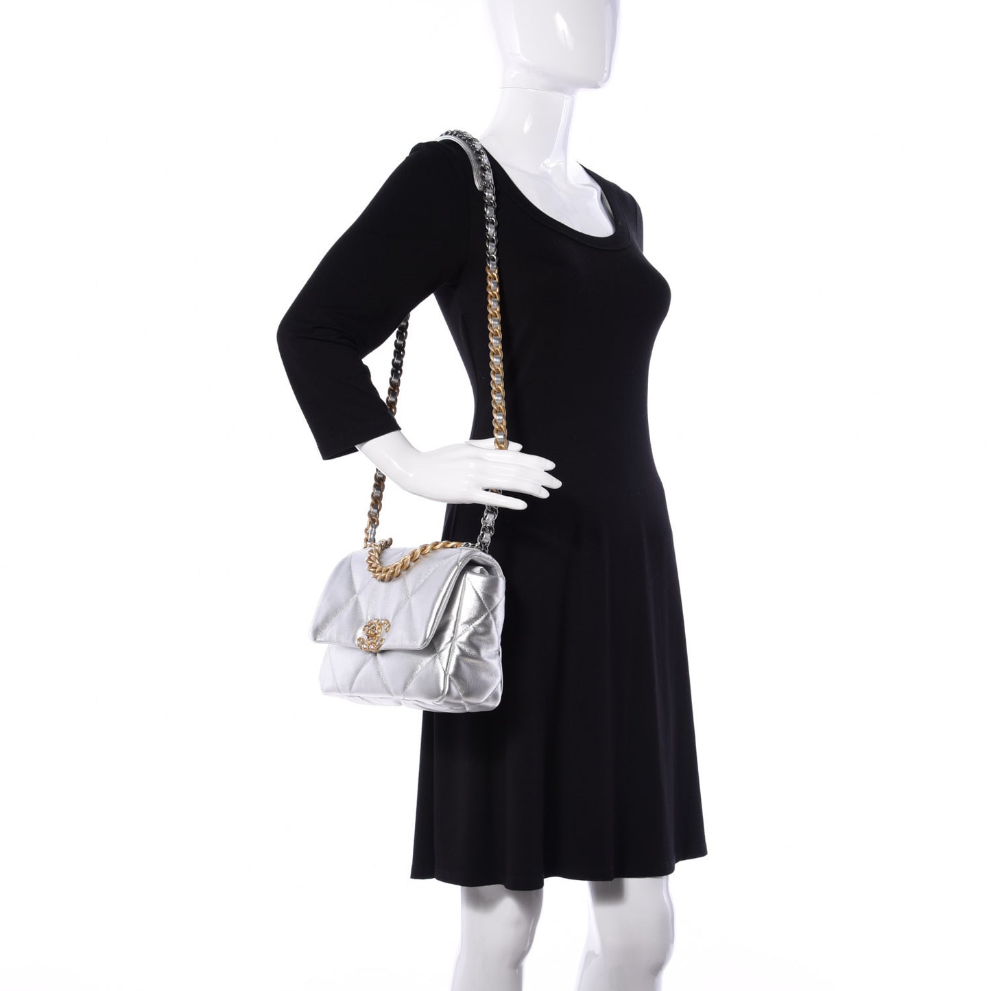 Metallic Lambskin Quilted Medium Chanel 19 Flap Silver