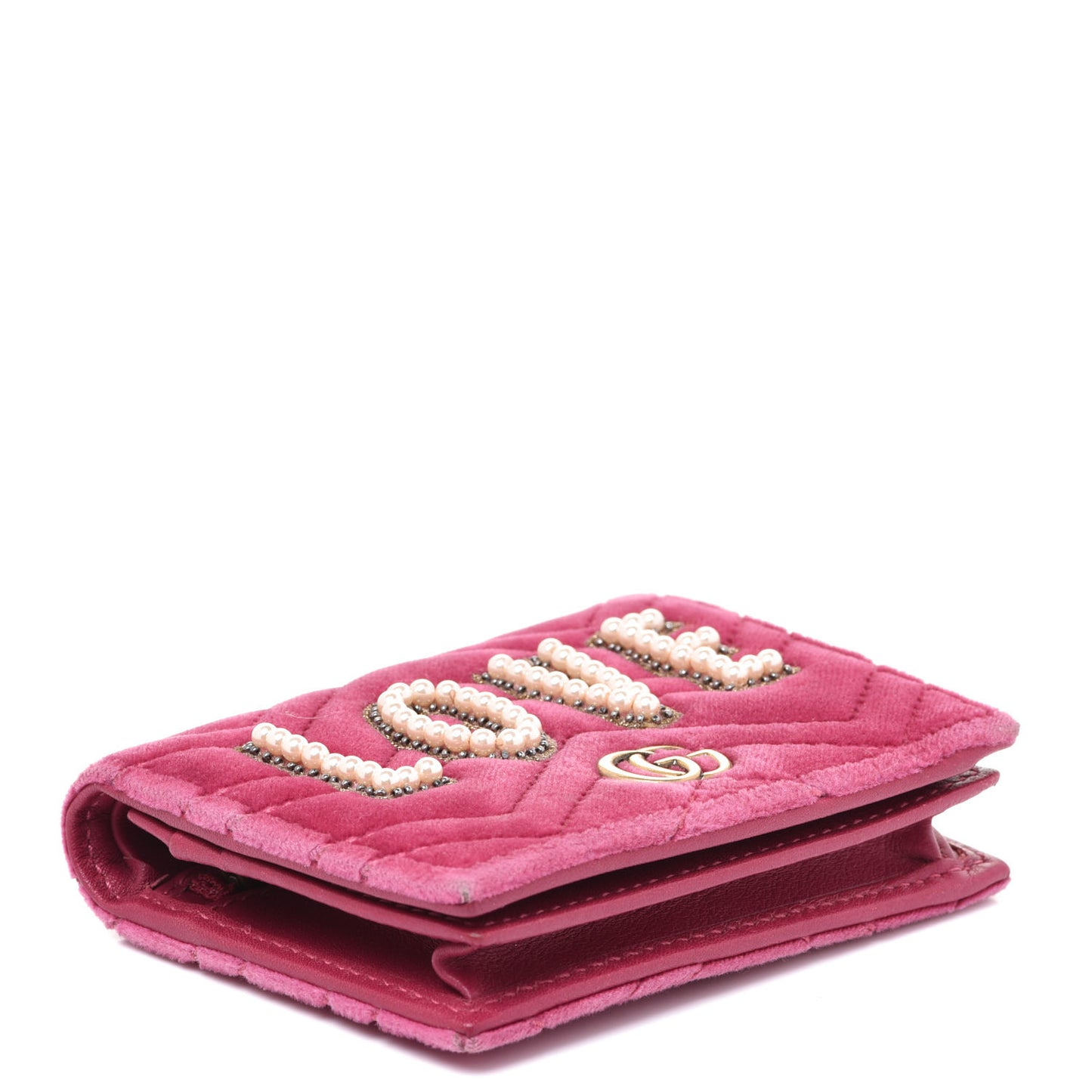 Velvet Matelasse Pearl Love Embroidered GG Marmont Card Case Wallet Light Raspberry Rose